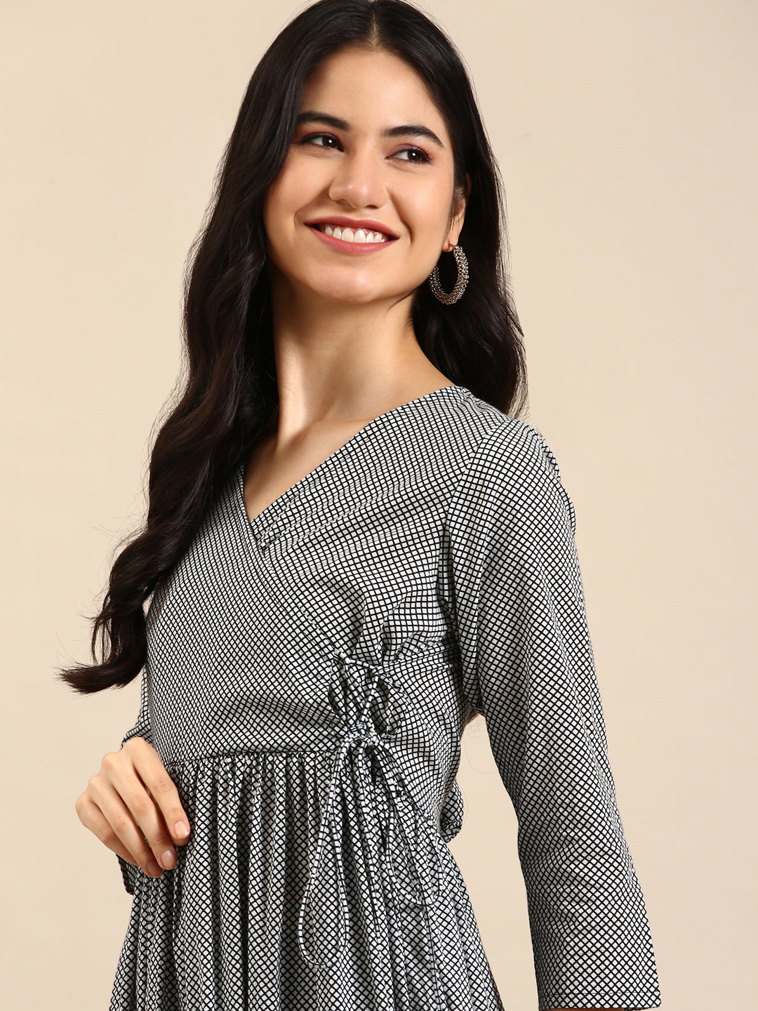 Women's White Checked A-Line Kurta