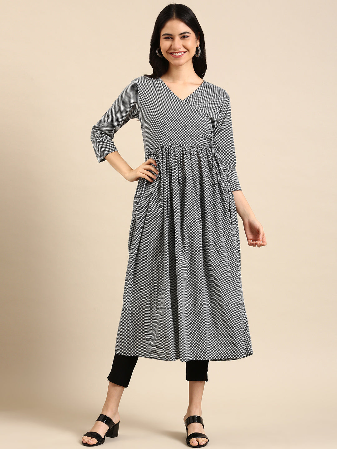 Women's White Checked A-Line Kurta