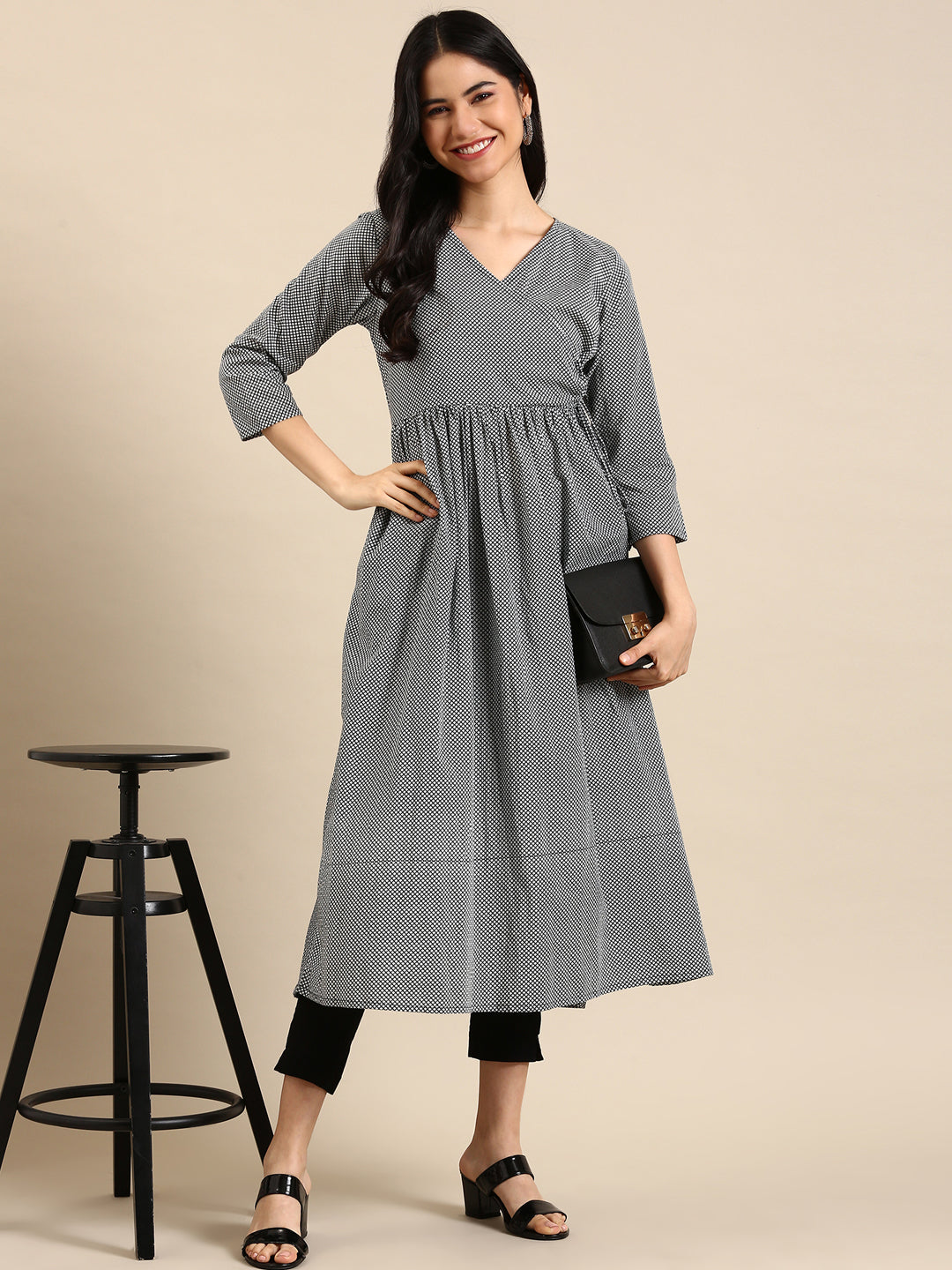 Women's White Checked A-Line Kurta