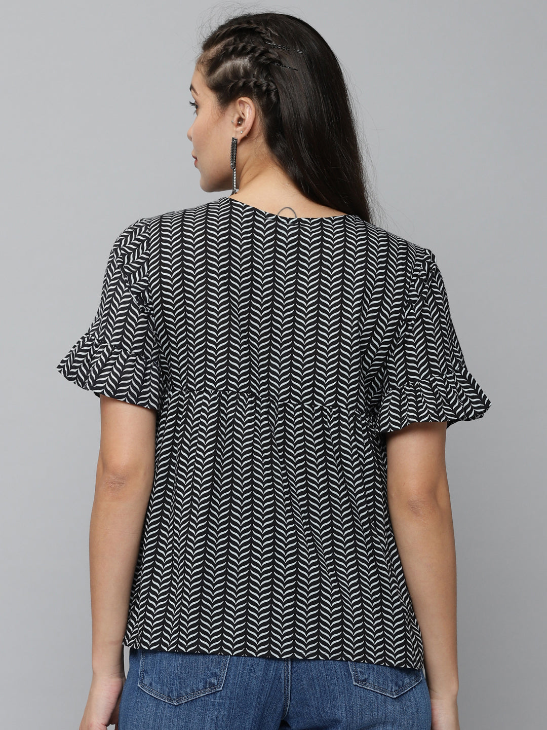 Women's Black Printed Peplum Top