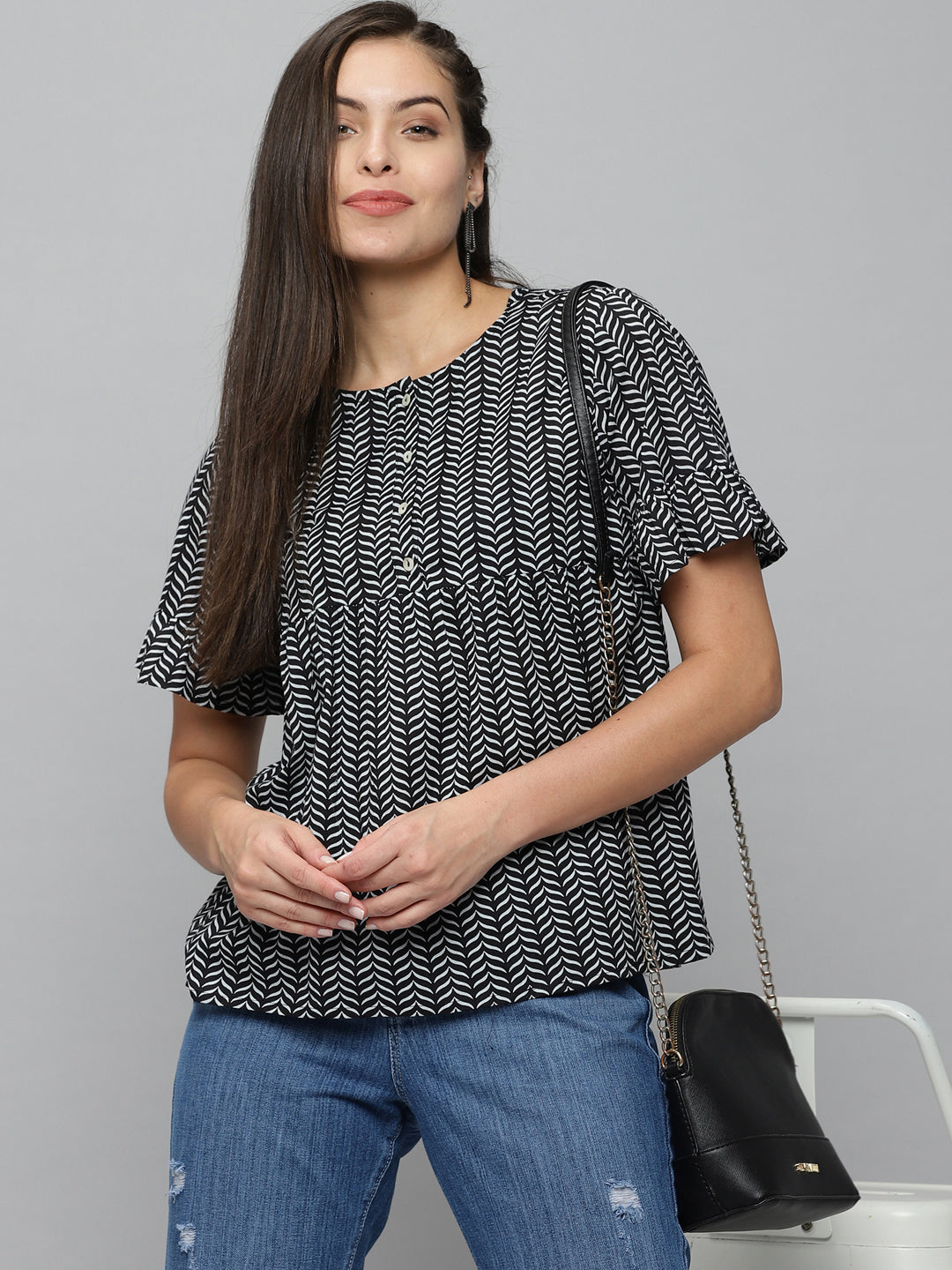 Women's Black Printed Peplum Top