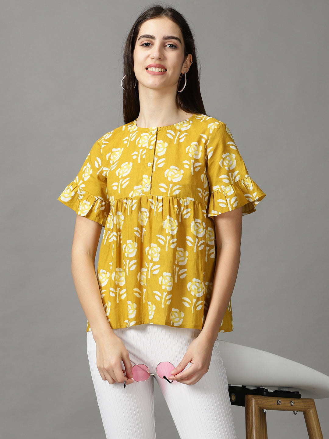 Women's Mustard Printed Peplum Top