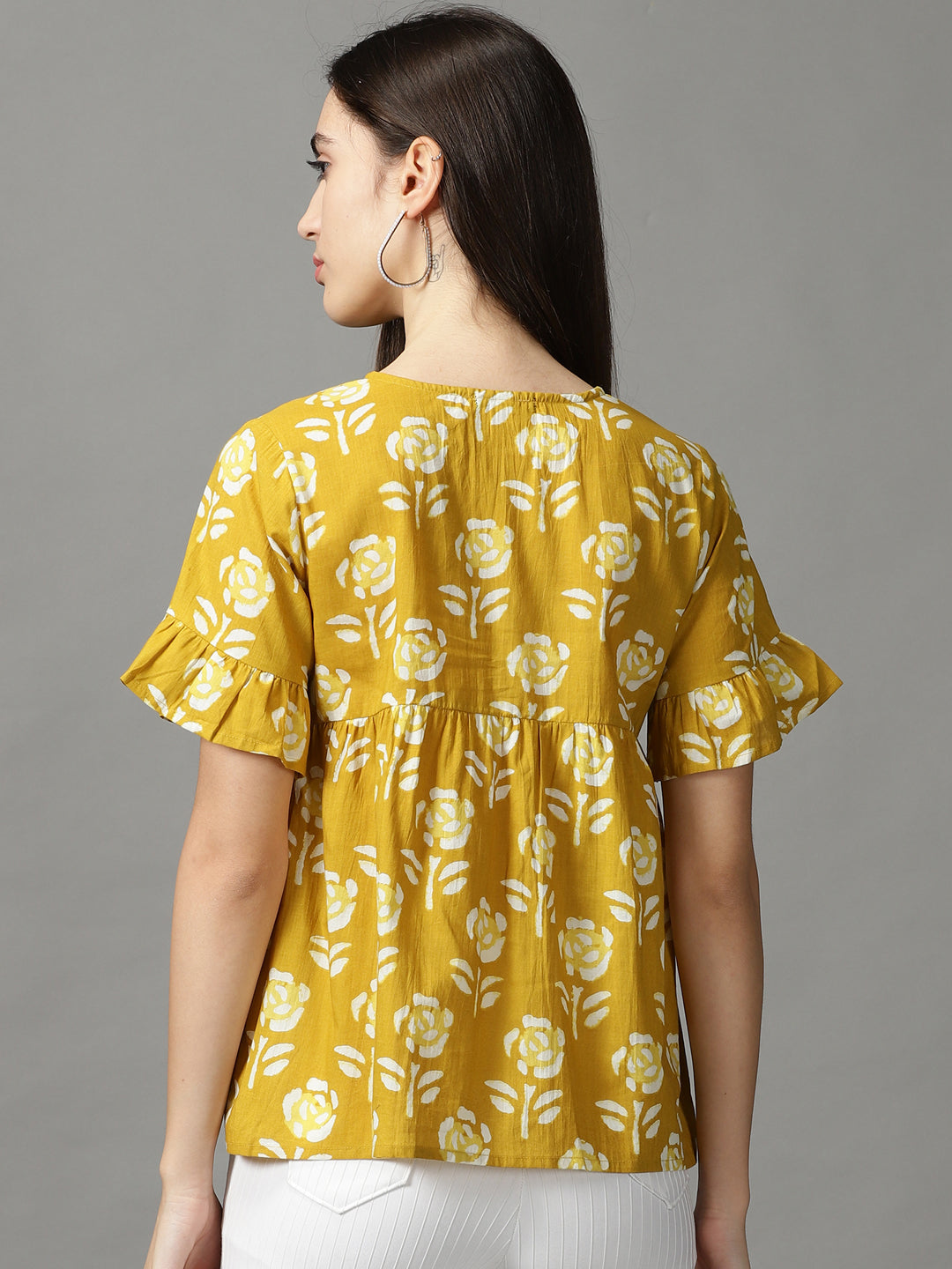 Women's Mustard Printed Peplum Top