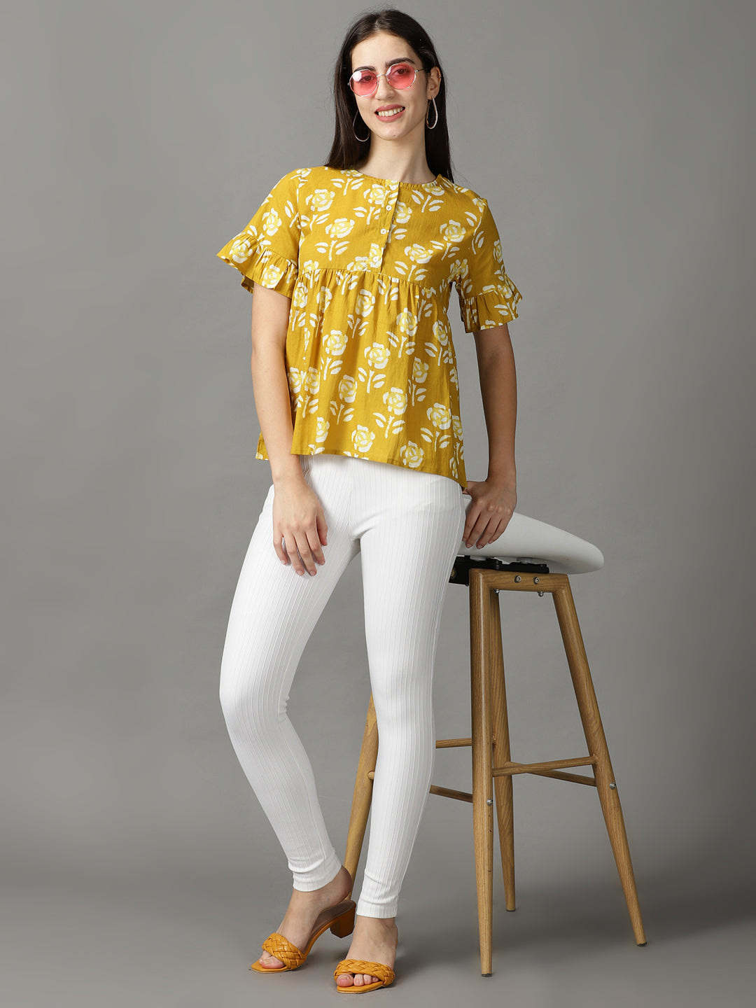 Women's Mustard Printed Peplum Top