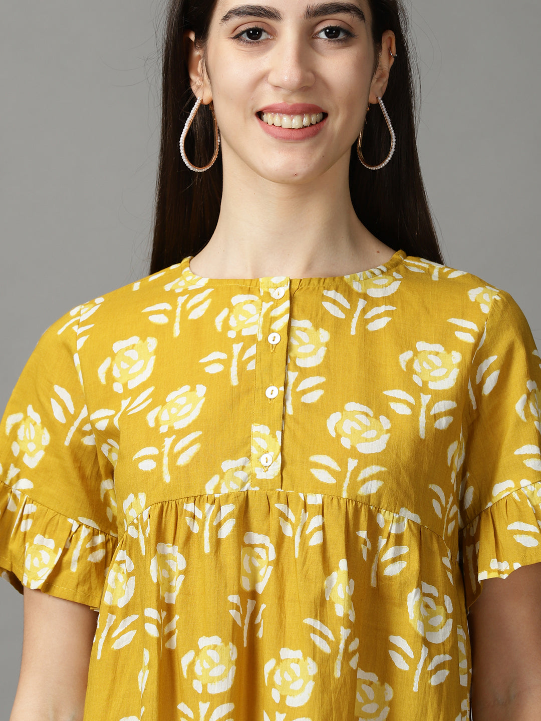 Women's Mustard Printed Peplum Top