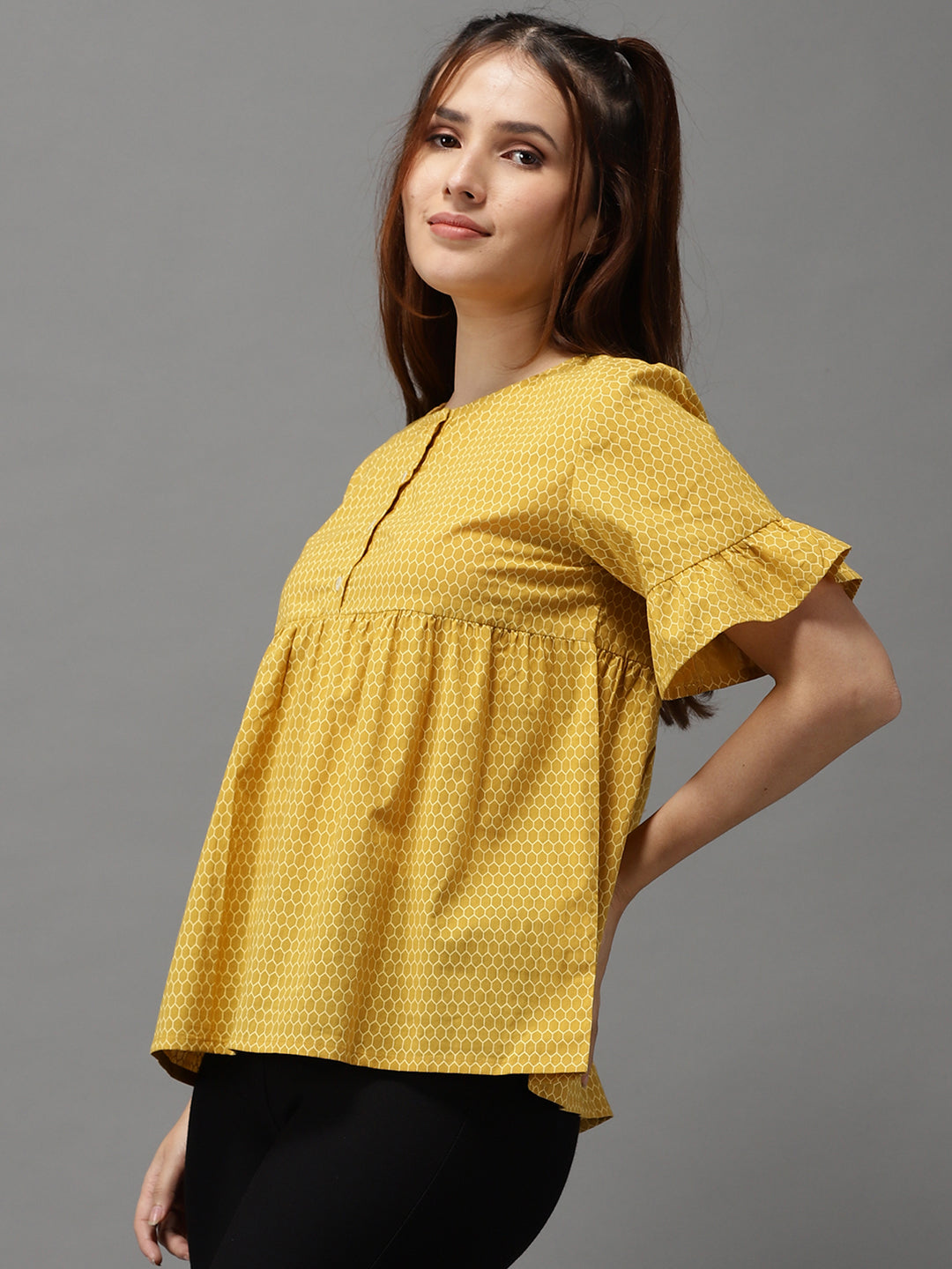 Women's Mustard Printed Peplum Top