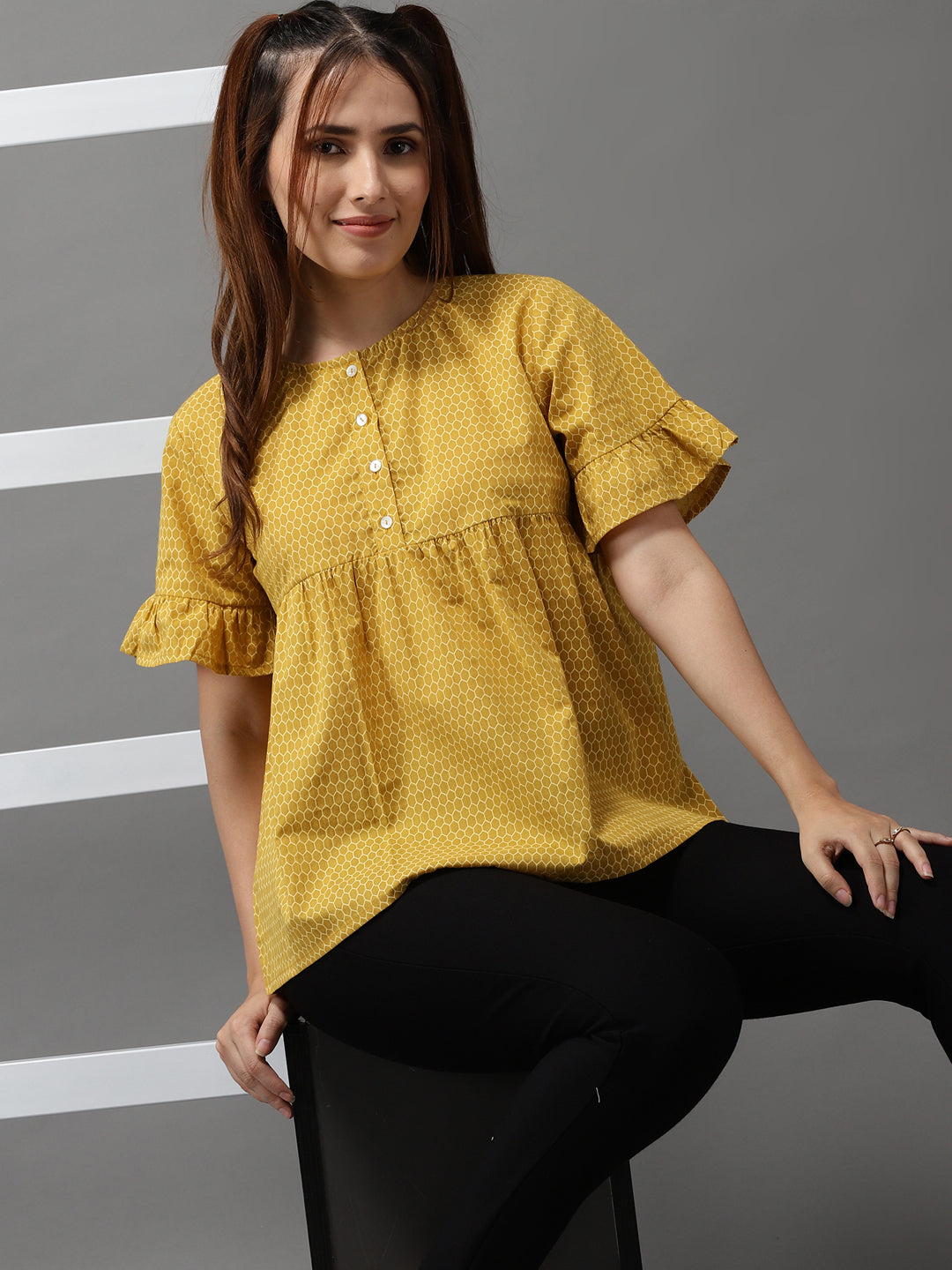 Women's Mustard Printed Peplum Top