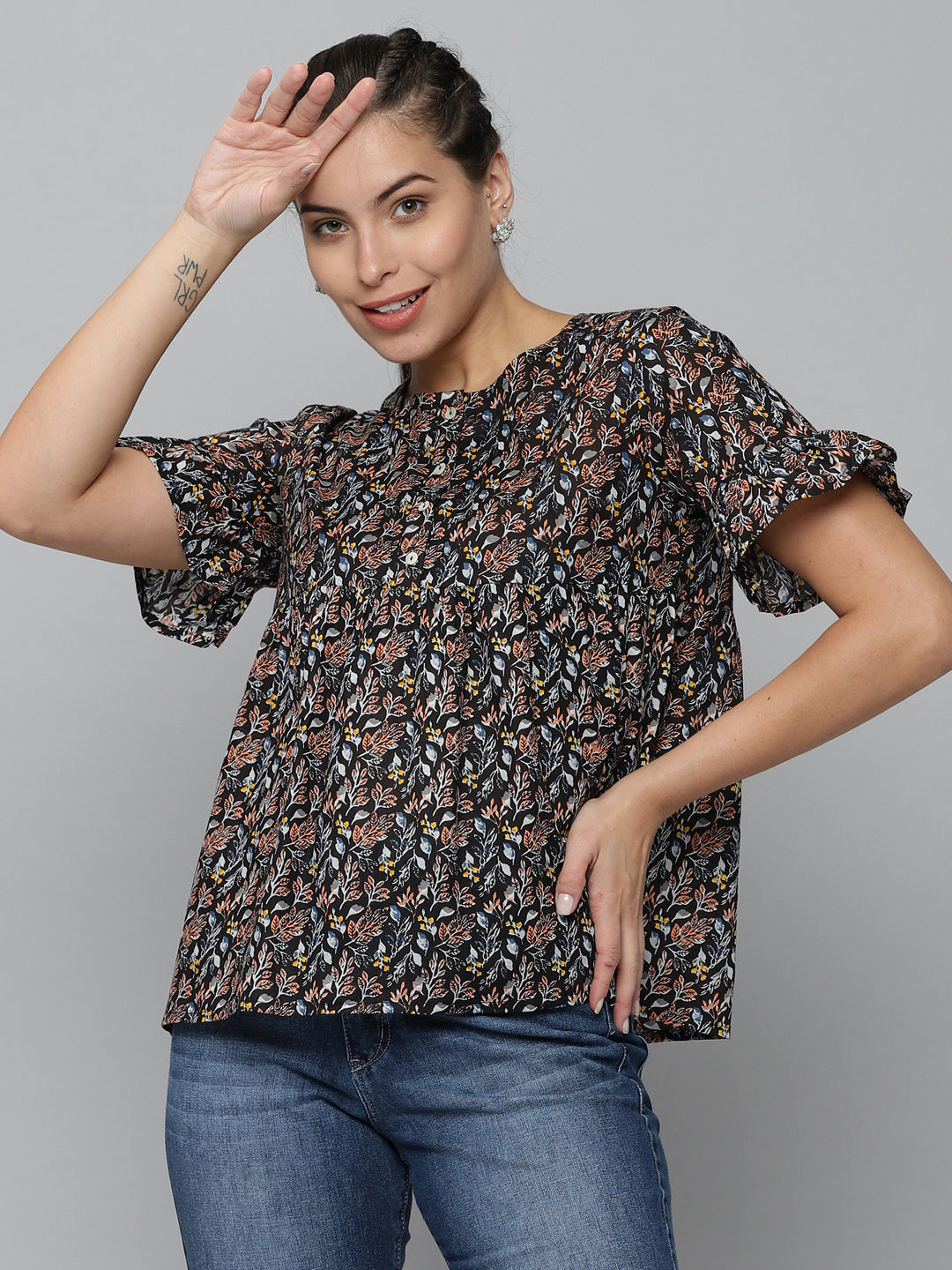 Women's Black Printed Peplum Top