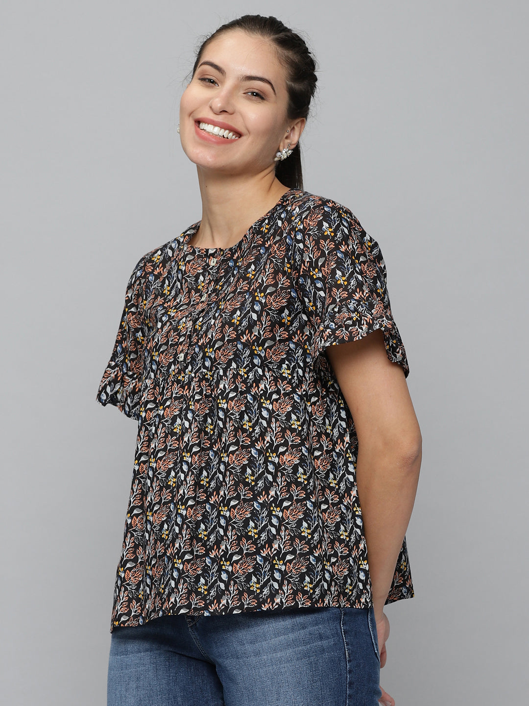 Women's Black Printed Peplum Top