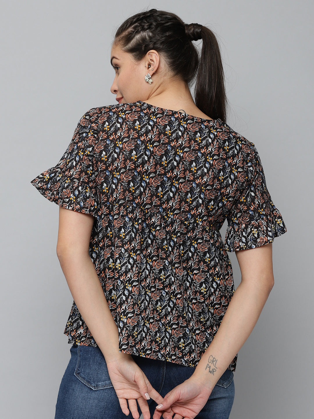 Women's Black Printed Peplum Top