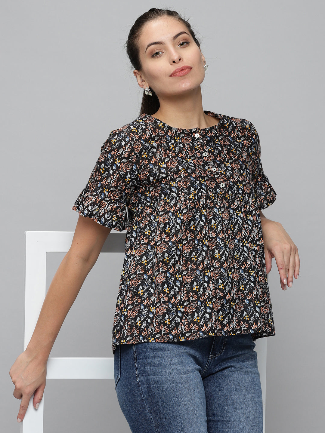 Women's Black Printed Peplum Top