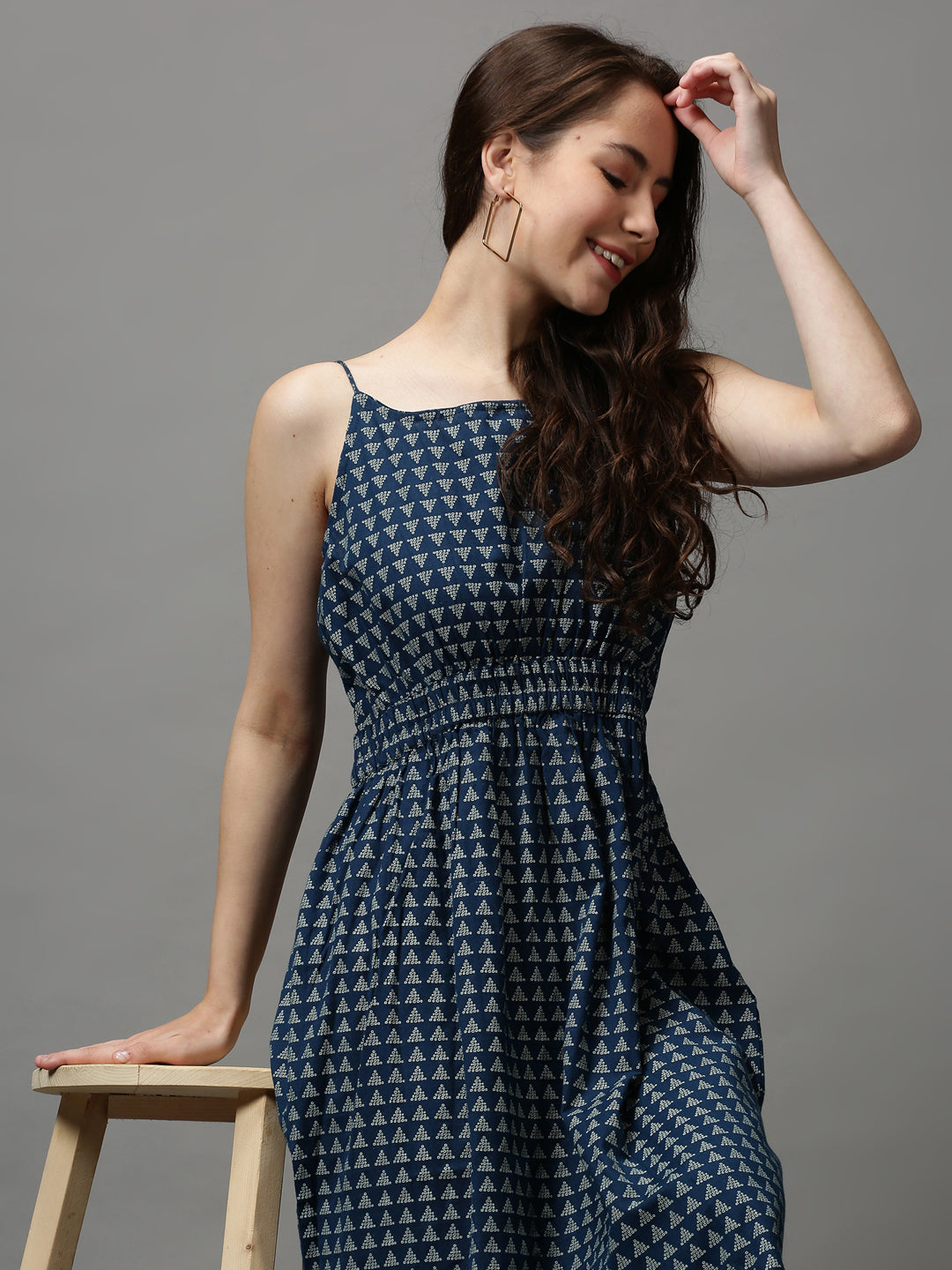 Women's Blue Printed Fit and Flare Dress