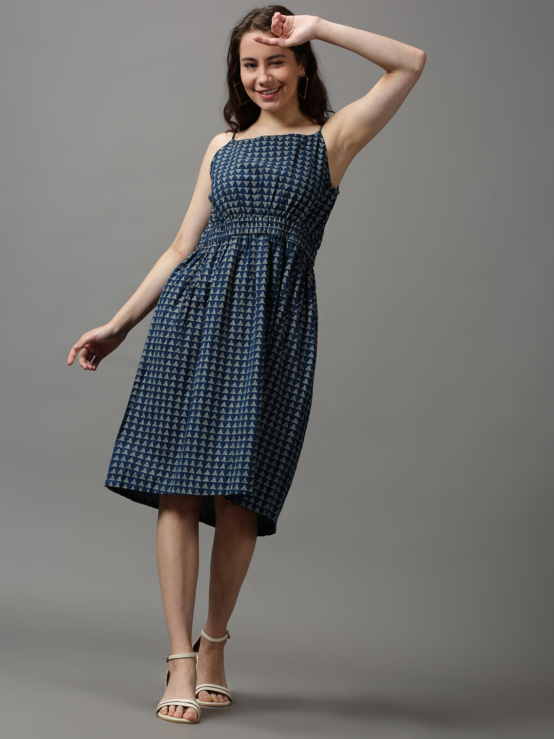 Women's Blue Printed Fit and Flare Dress