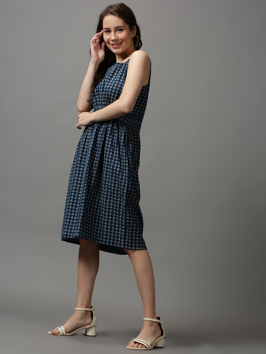 Women's Blue Printed Fit and Flare Dress