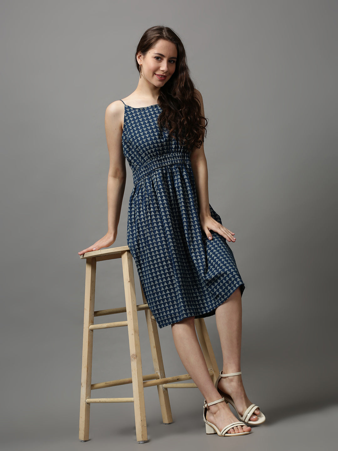 Women's Blue Printed Fit and Flare Dress