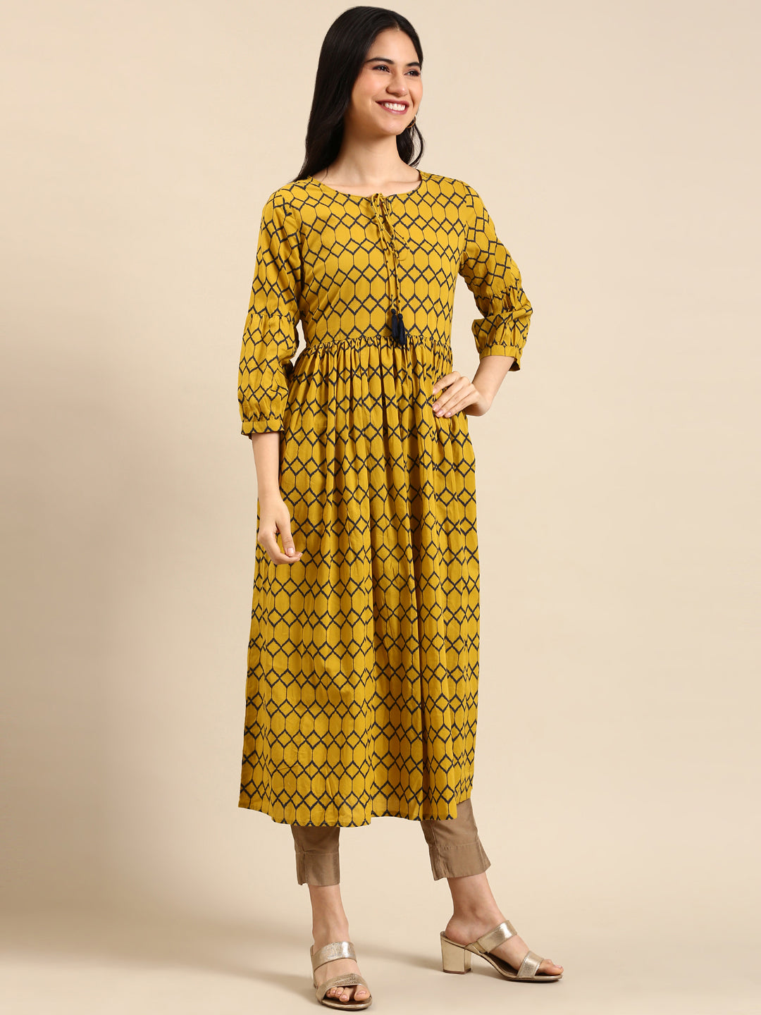 Women's Mustard Printed A-Line Kurta