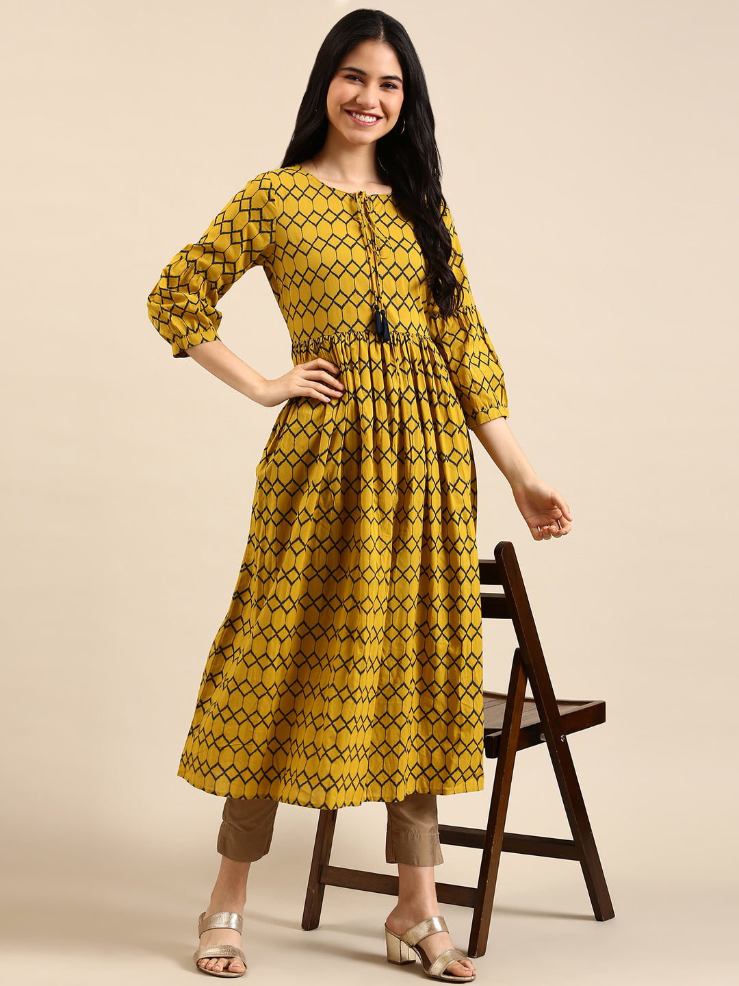 Women's Mustard Printed A-Line Kurta