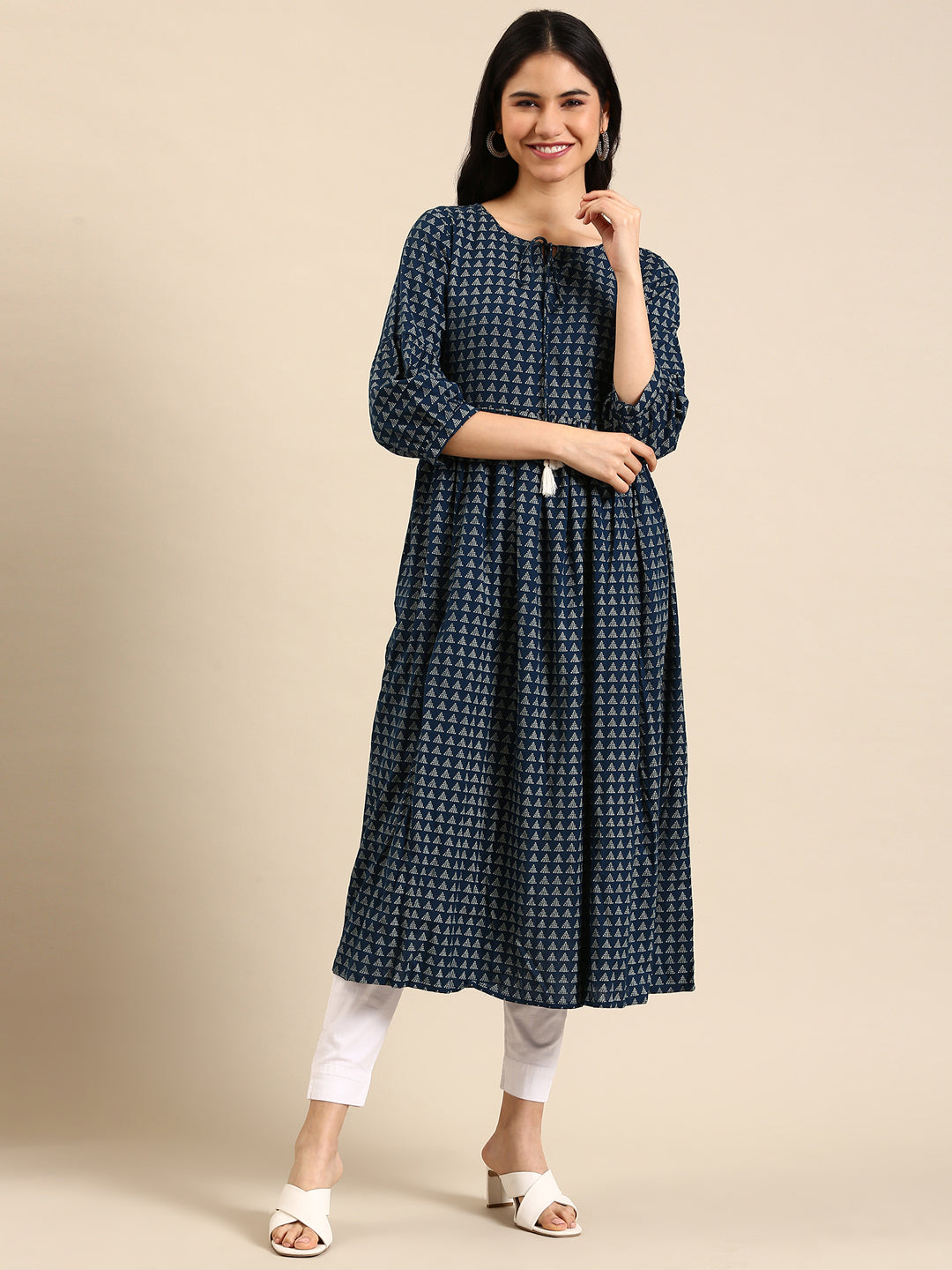 Women's Blue Printed A-Line Kurta