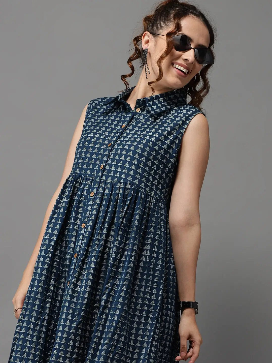 Women's Teal Printed A-Line Dress