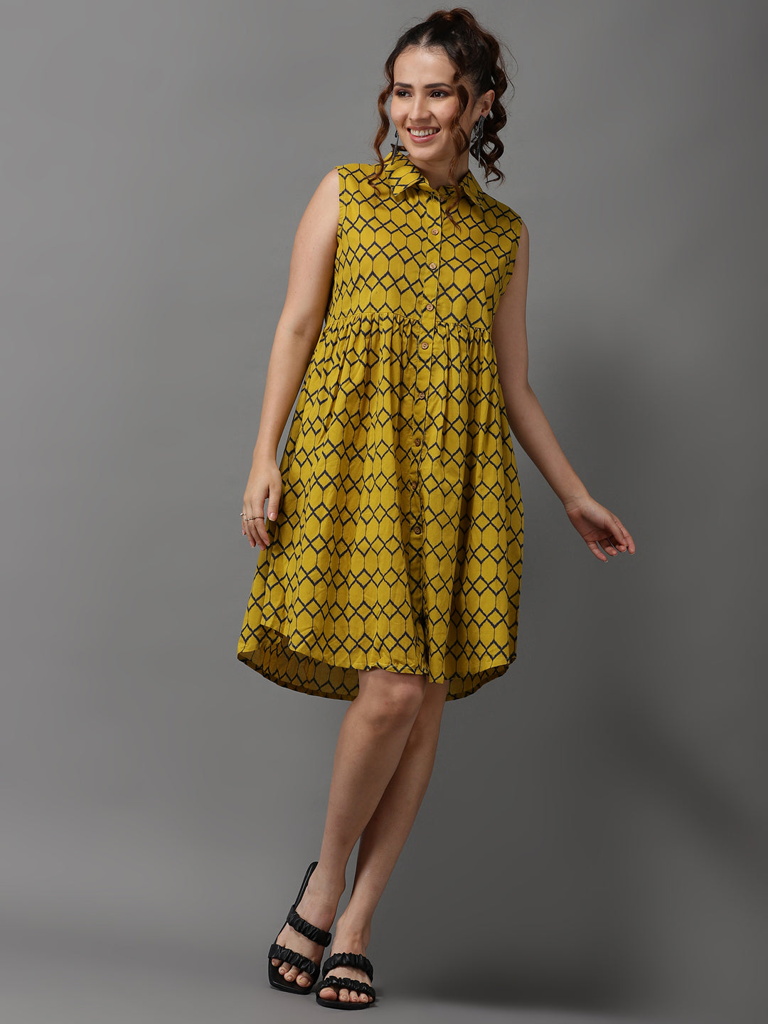 Women's Yellow Printed A-Line Dress