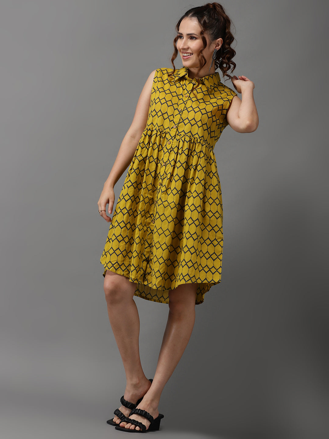 Women's Yellow Printed A-Line Dress