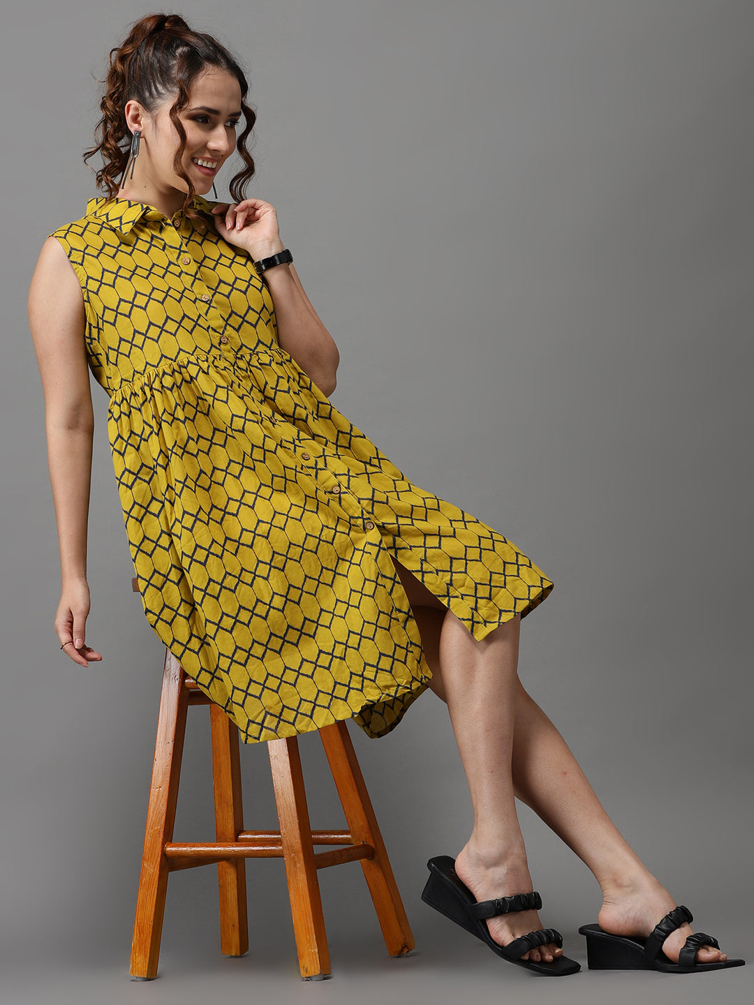 Women's Yellow Printed A-Line Dress