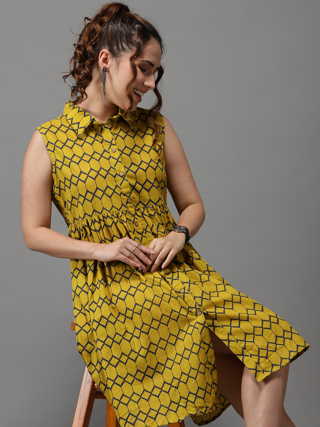 Women's Yellow Printed A-Line Dress