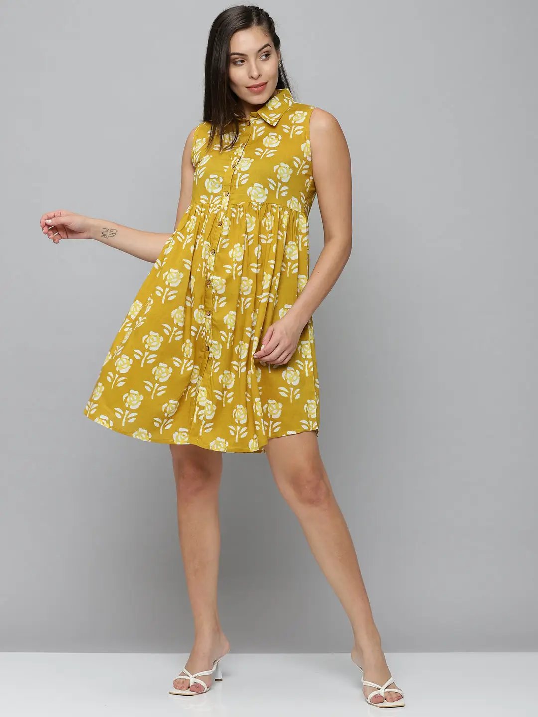 Women's Yellow Printed A-Line Dress