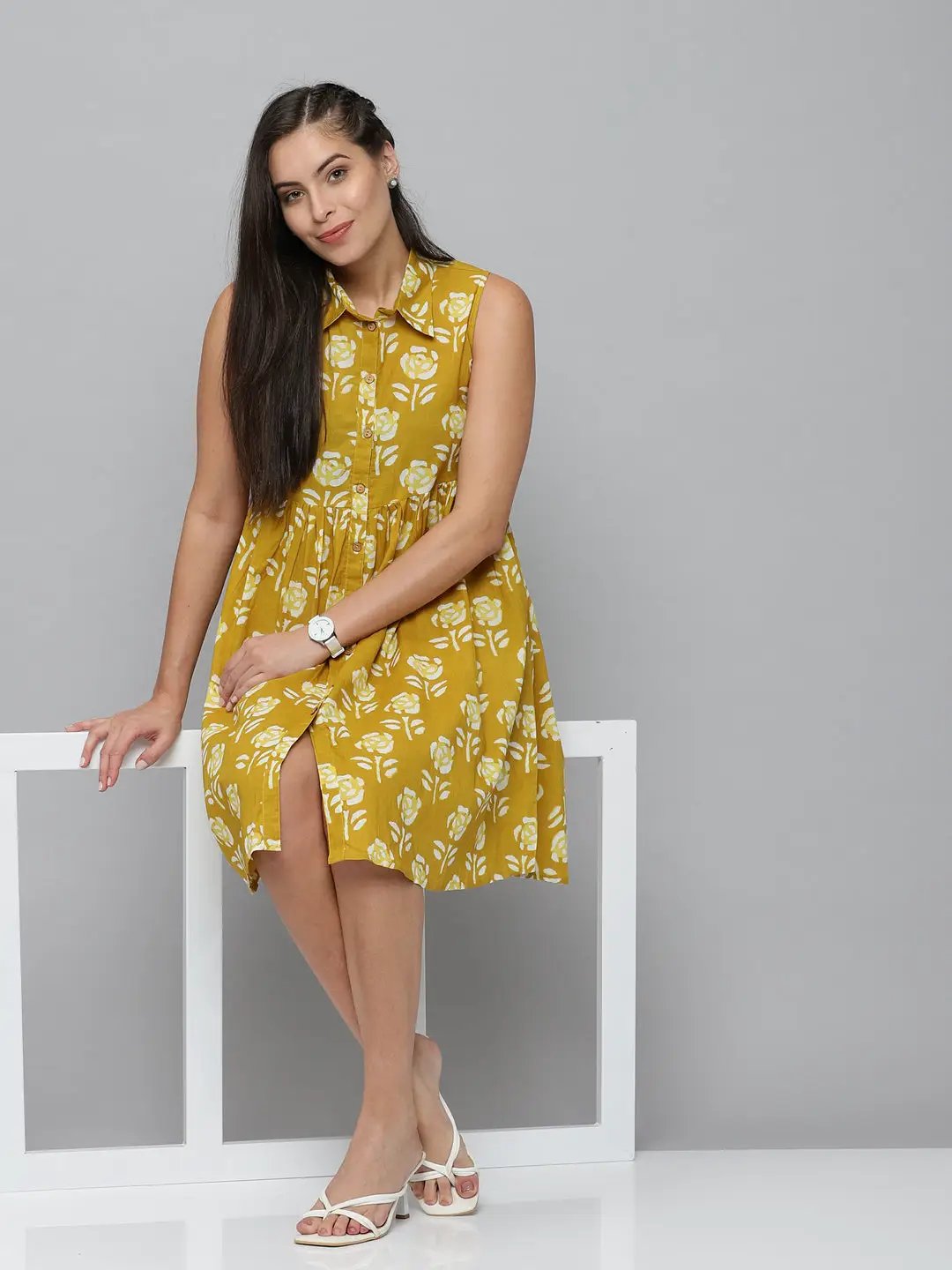 Women's Yellow Printed A-Line Dress