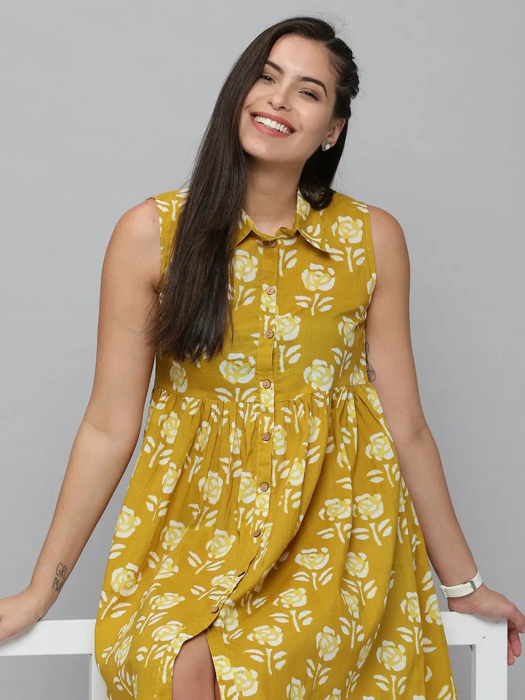 Women's Yellow Printed A-Line Dress