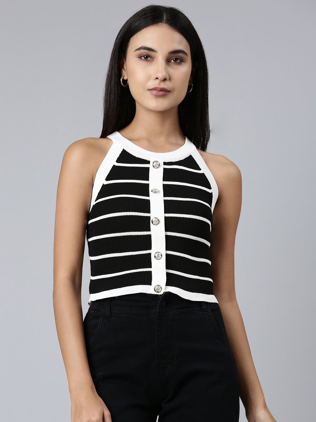 Women Black Striped Crop Top