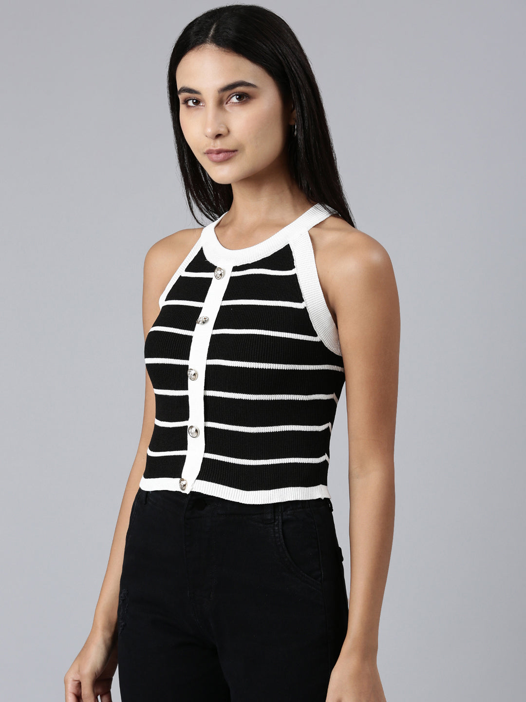 Women Black Striped Crop Top