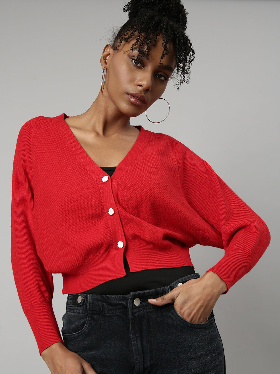 Women Solid Red Crop Cardigan