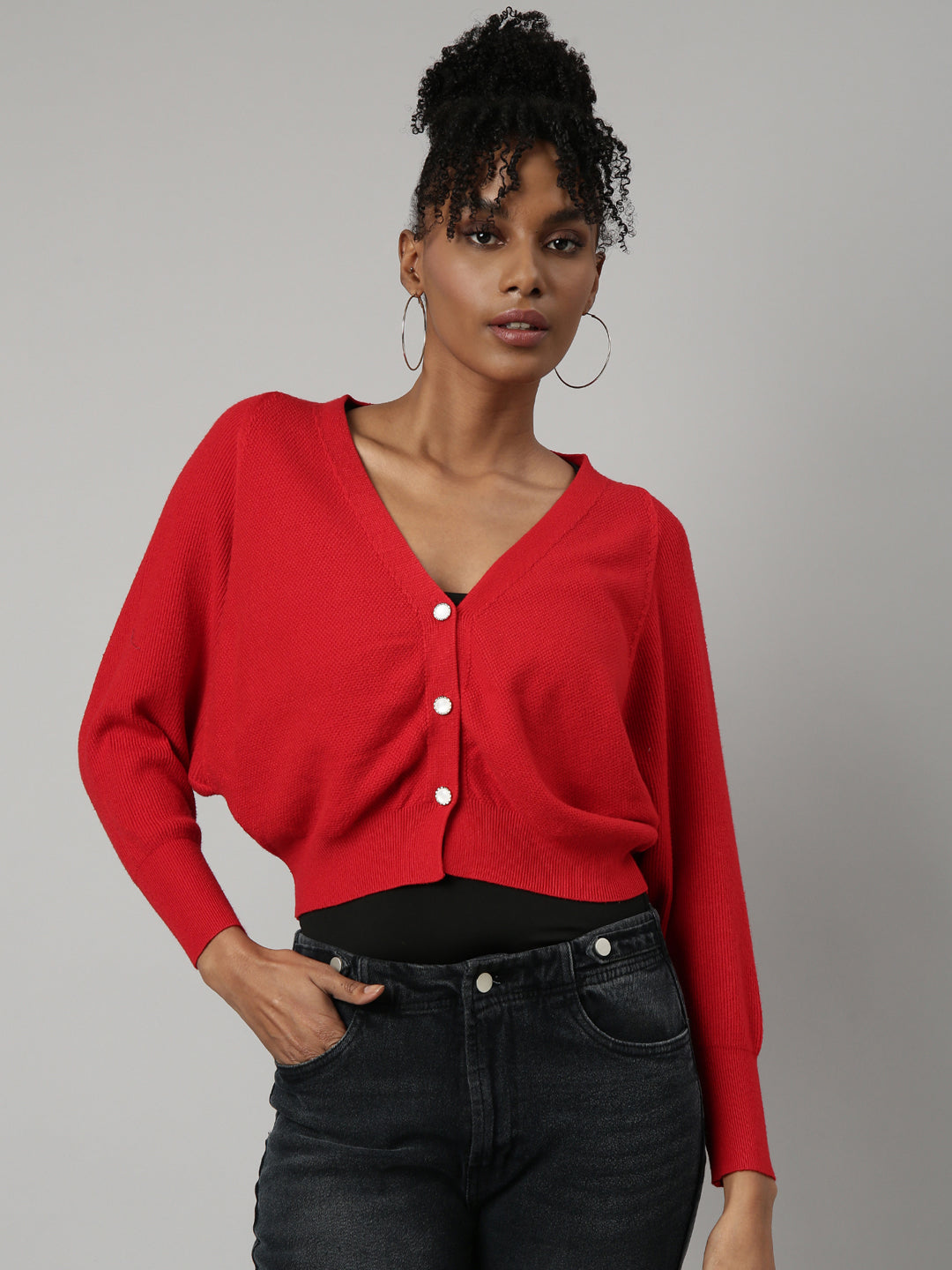 Women Solid Red Crop Cardigan