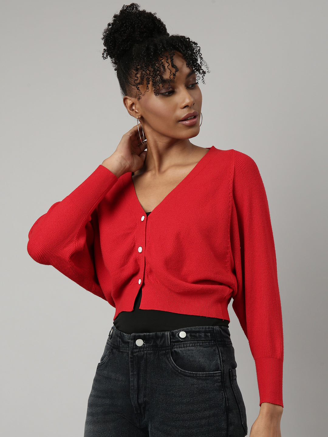 Women Solid Red Crop Cardigan