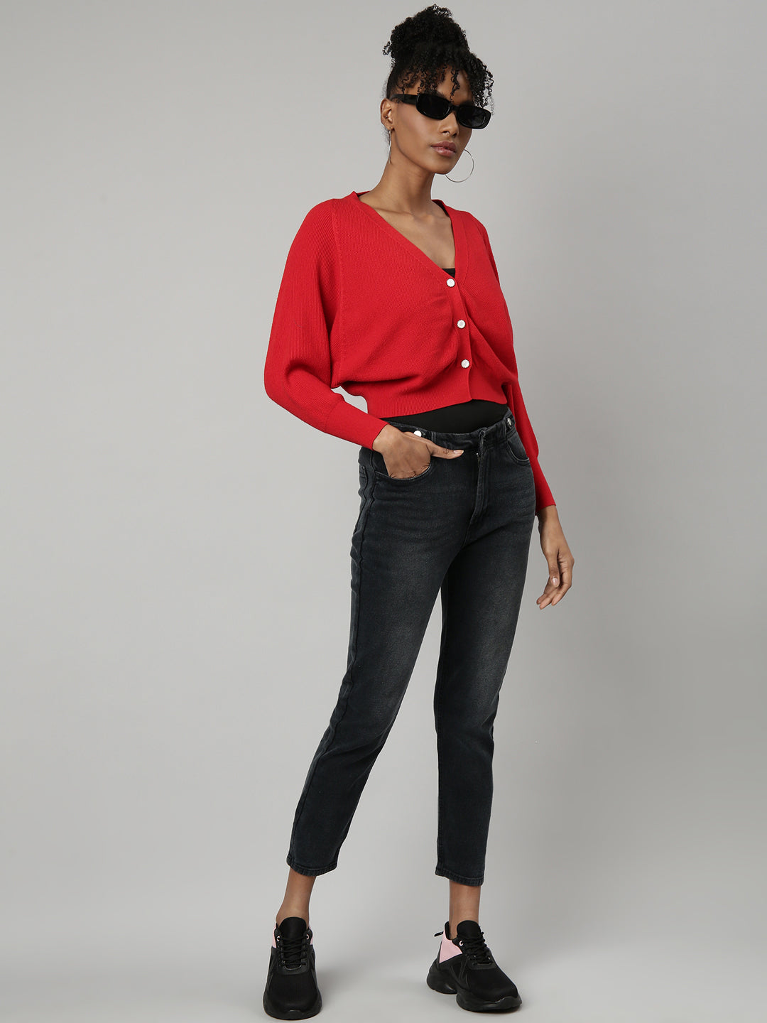 Women Solid Red Crop Cardigan