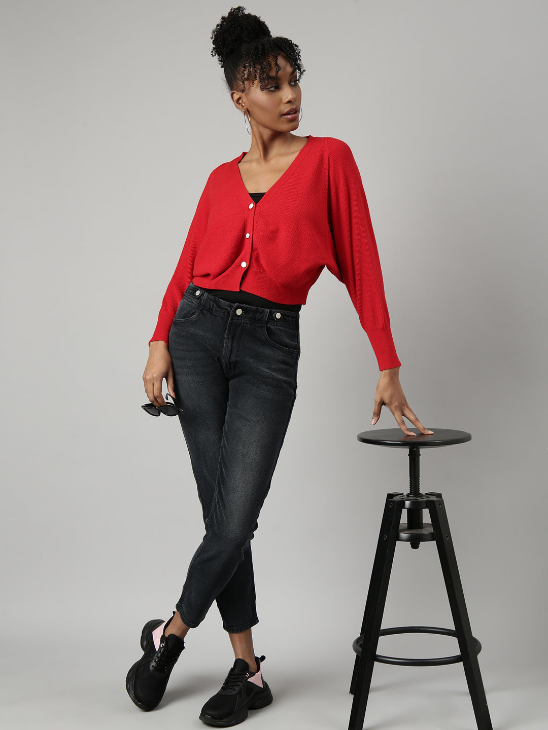 Women Solid Red Crop Cardigan