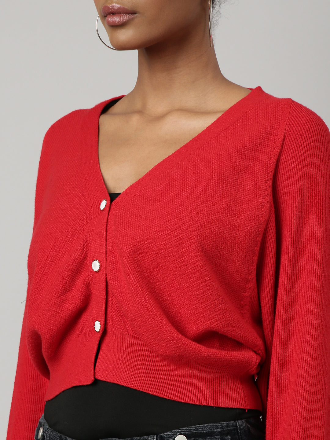 Women Solid Red Crop Cardigan