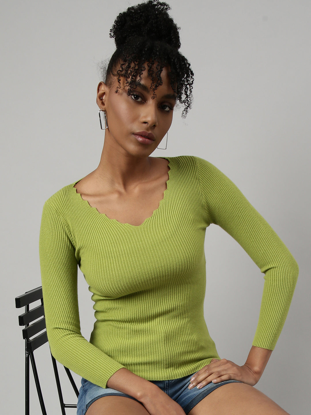 Women Green Solid Fitted Top