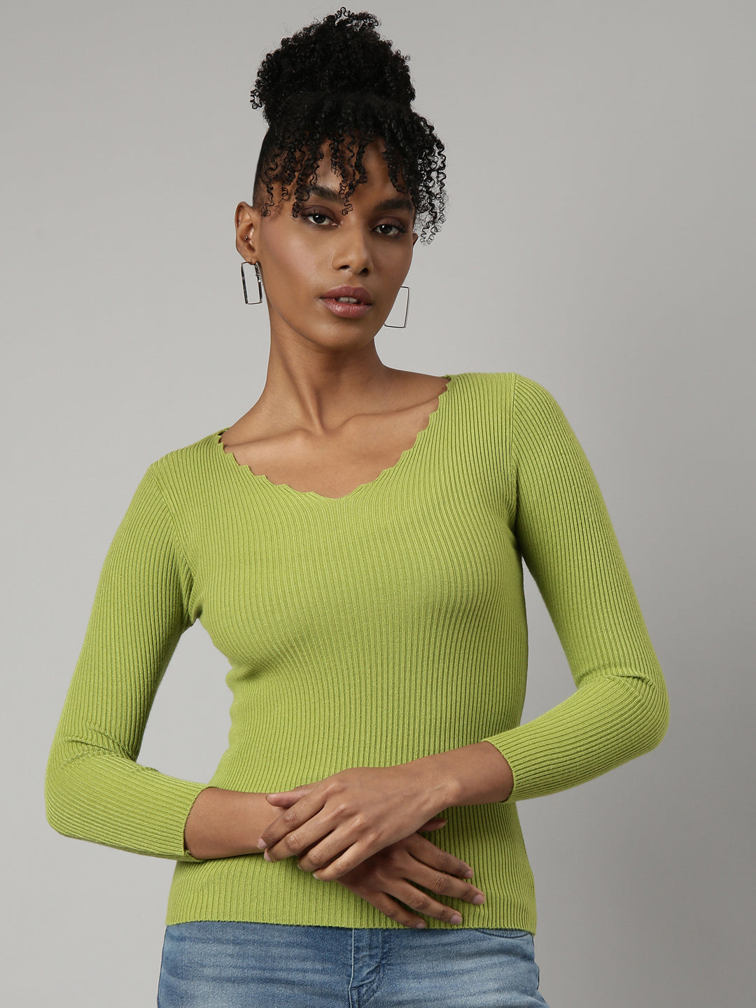 Women Green Solid Fitted Top