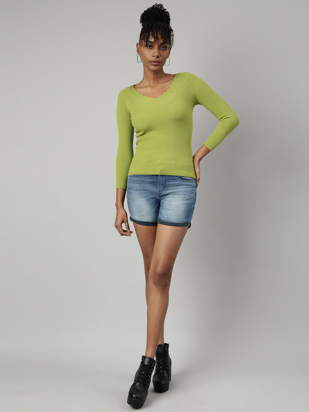 Women Green Solid Fitted Top