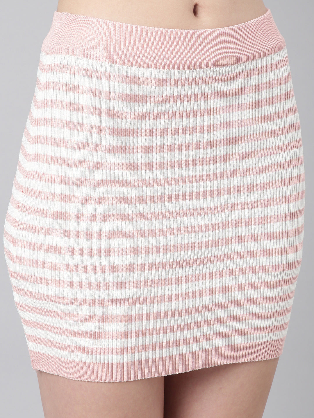 Women's White Striped V-Neck Co-Ords Set With Skirt