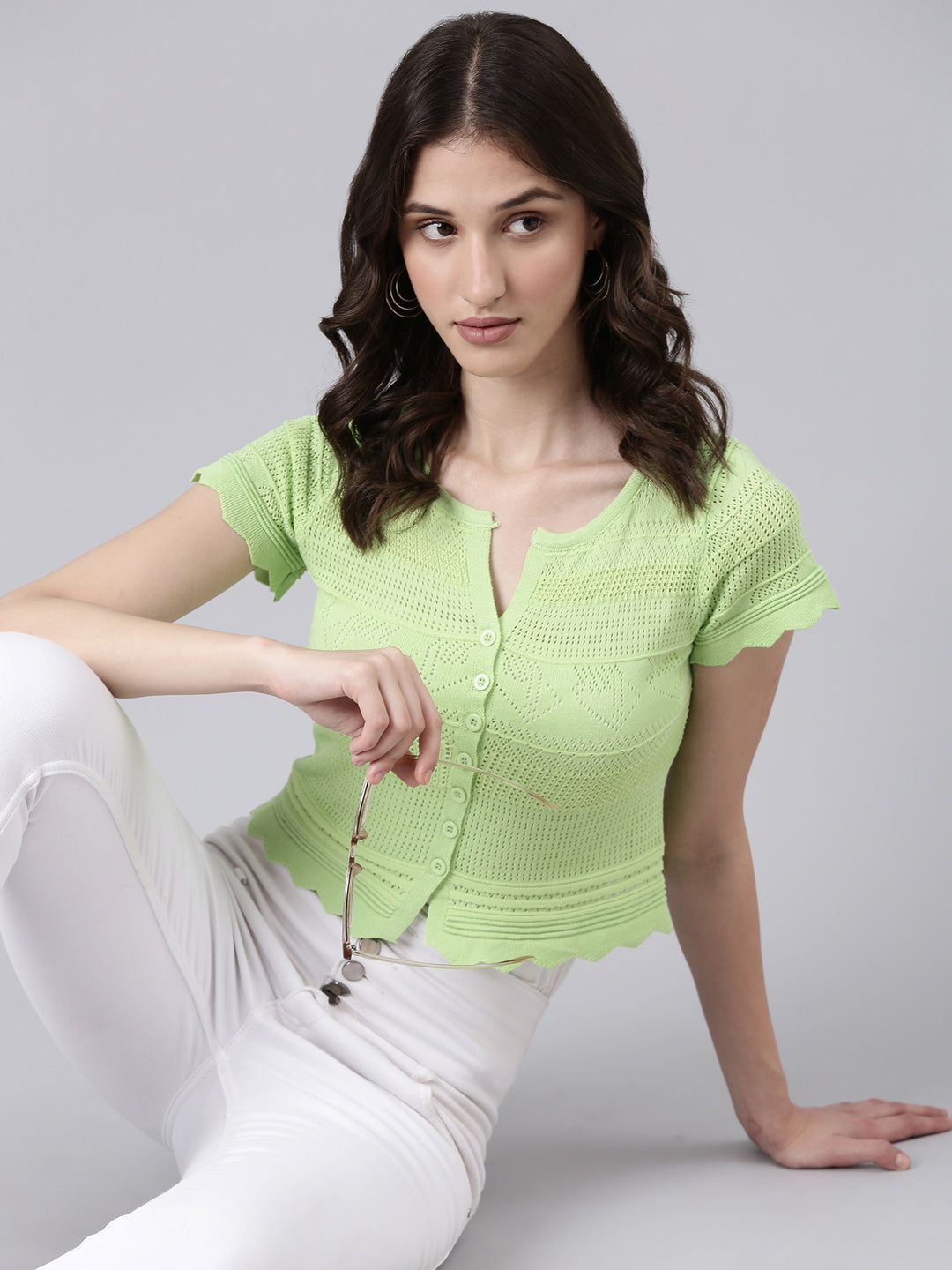 Women Lime Green Textured Crop Top