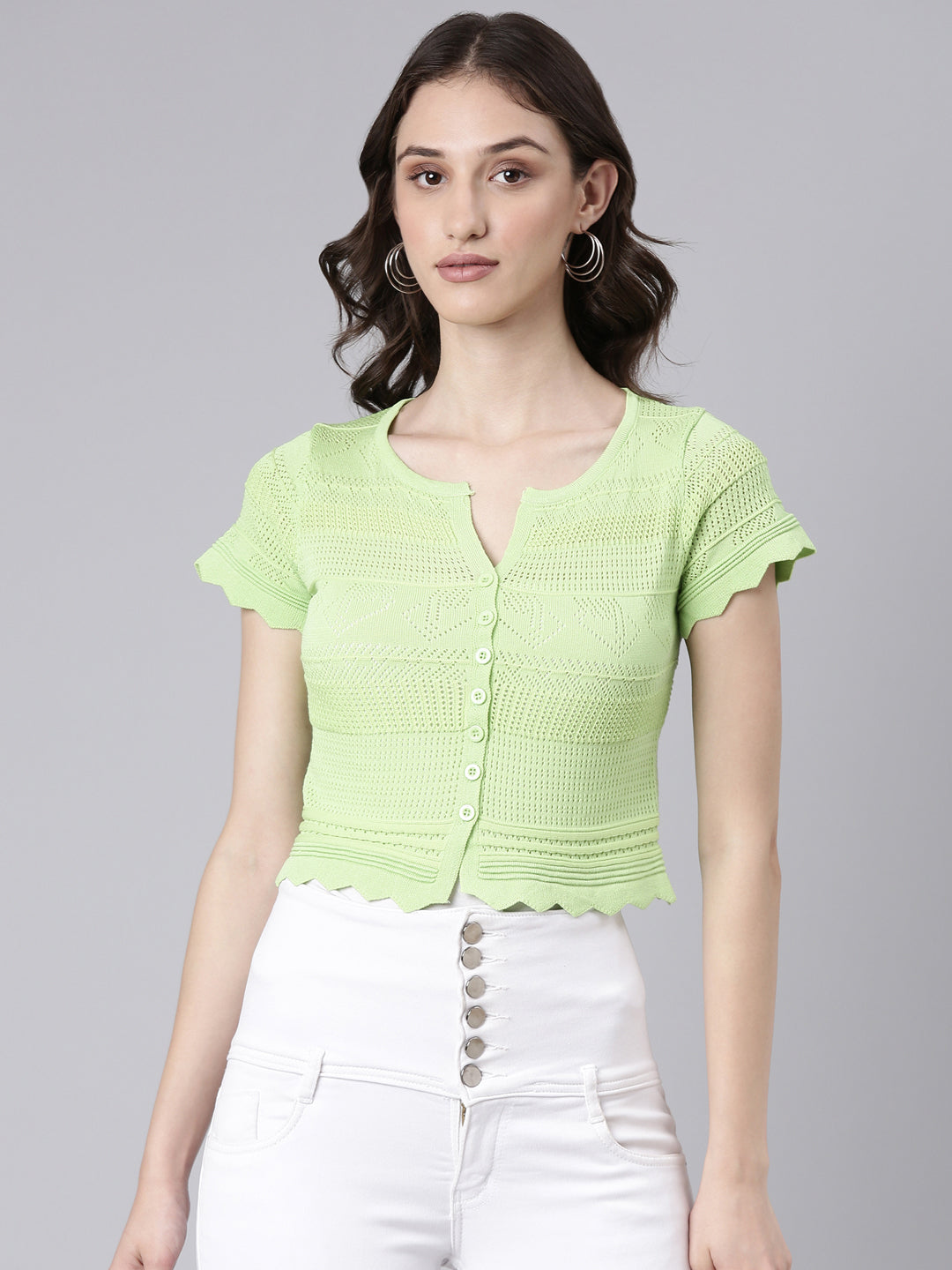 Women Lime Green Textured Crop Top