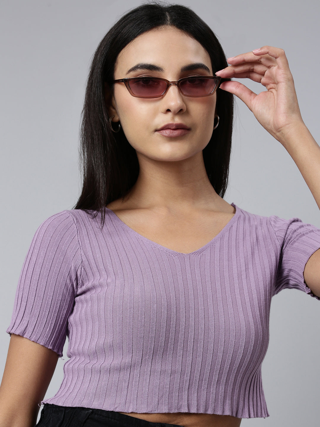 Women Lavender Solid Crop Top