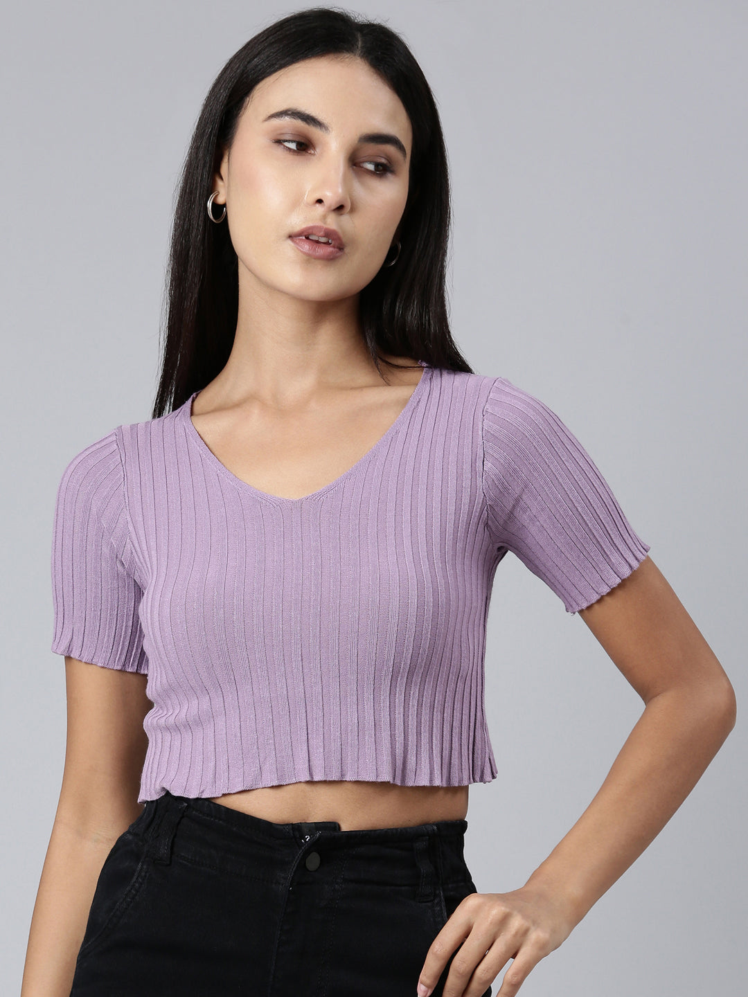 Women Lavender Solid Crop Top