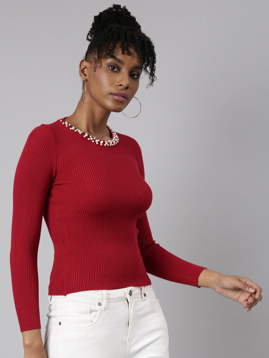 Women Maroon Solid Fitted Top