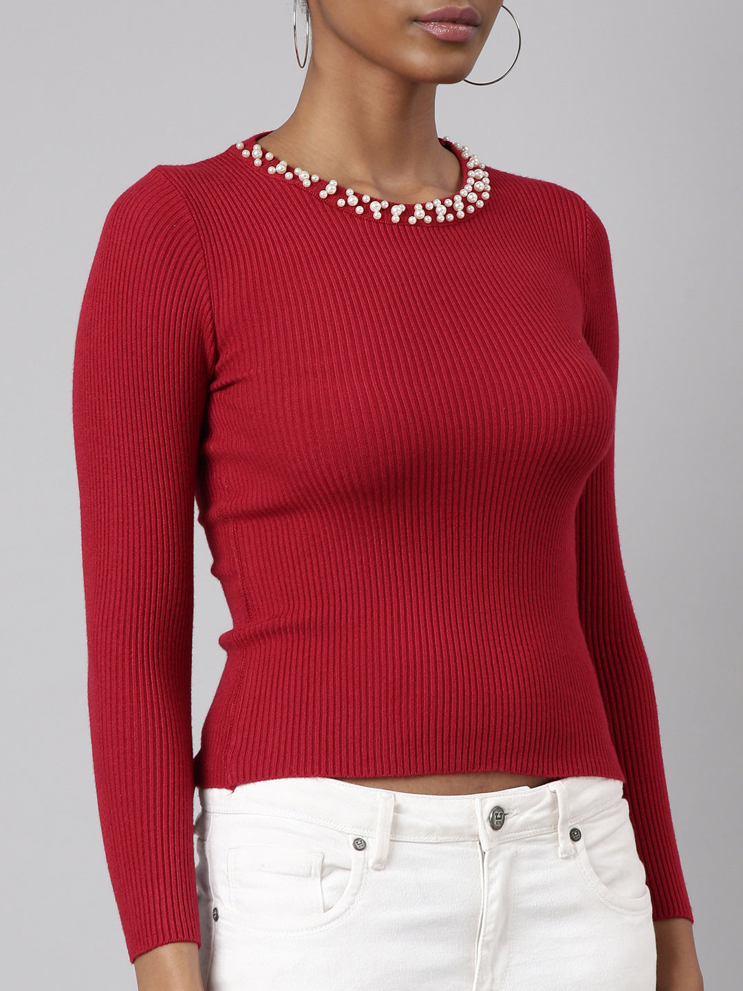 Women Maroon Solid Fitted Top