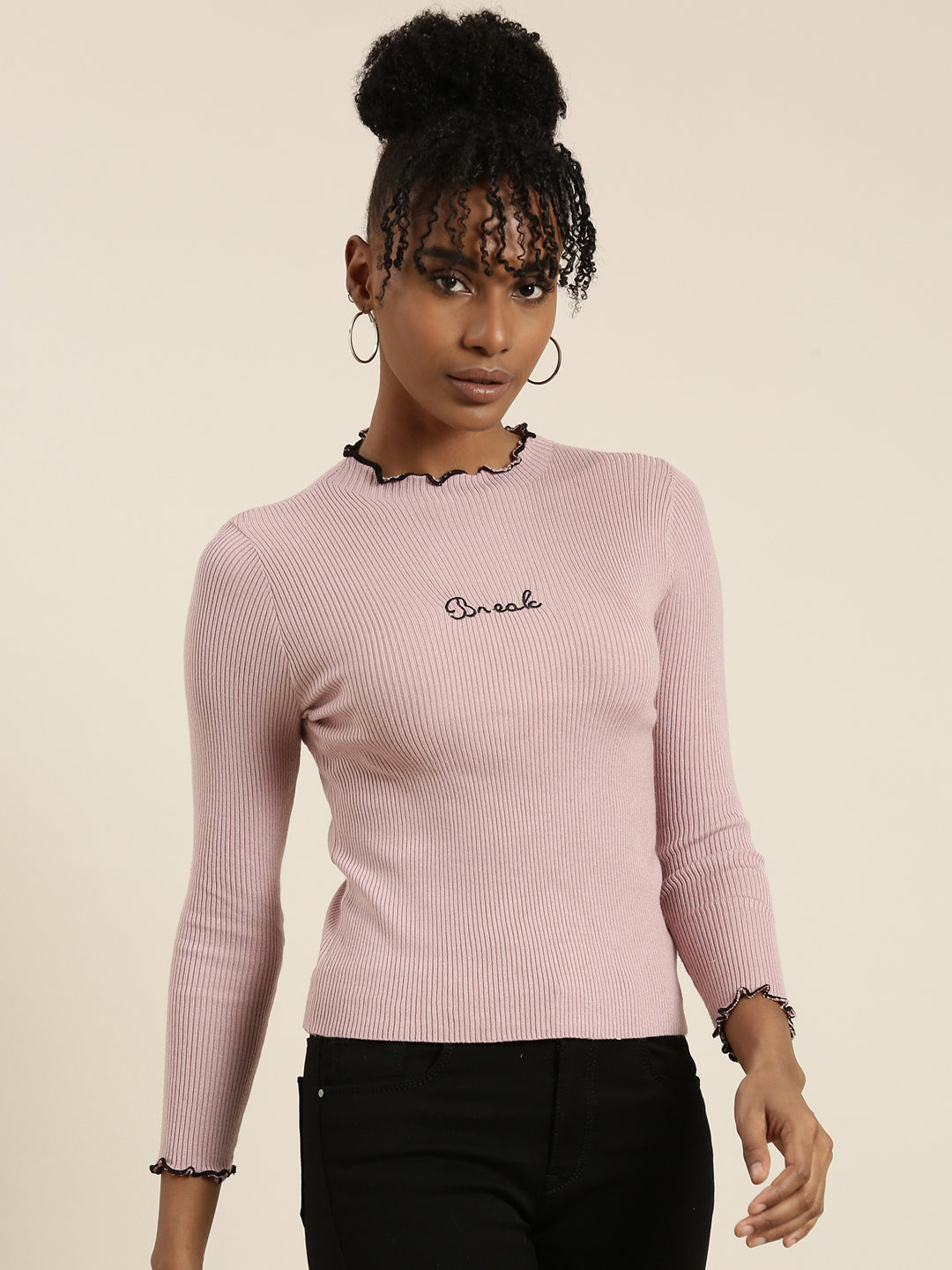 Women High Neck Solid Regular Sleeves Fitted Mauve Top