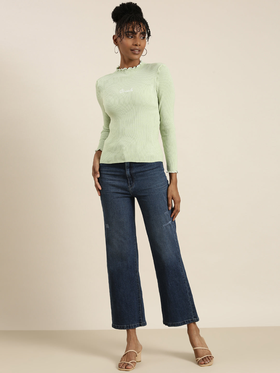 High Neck Solid Regular Sleeves Fitted Sea Green Top